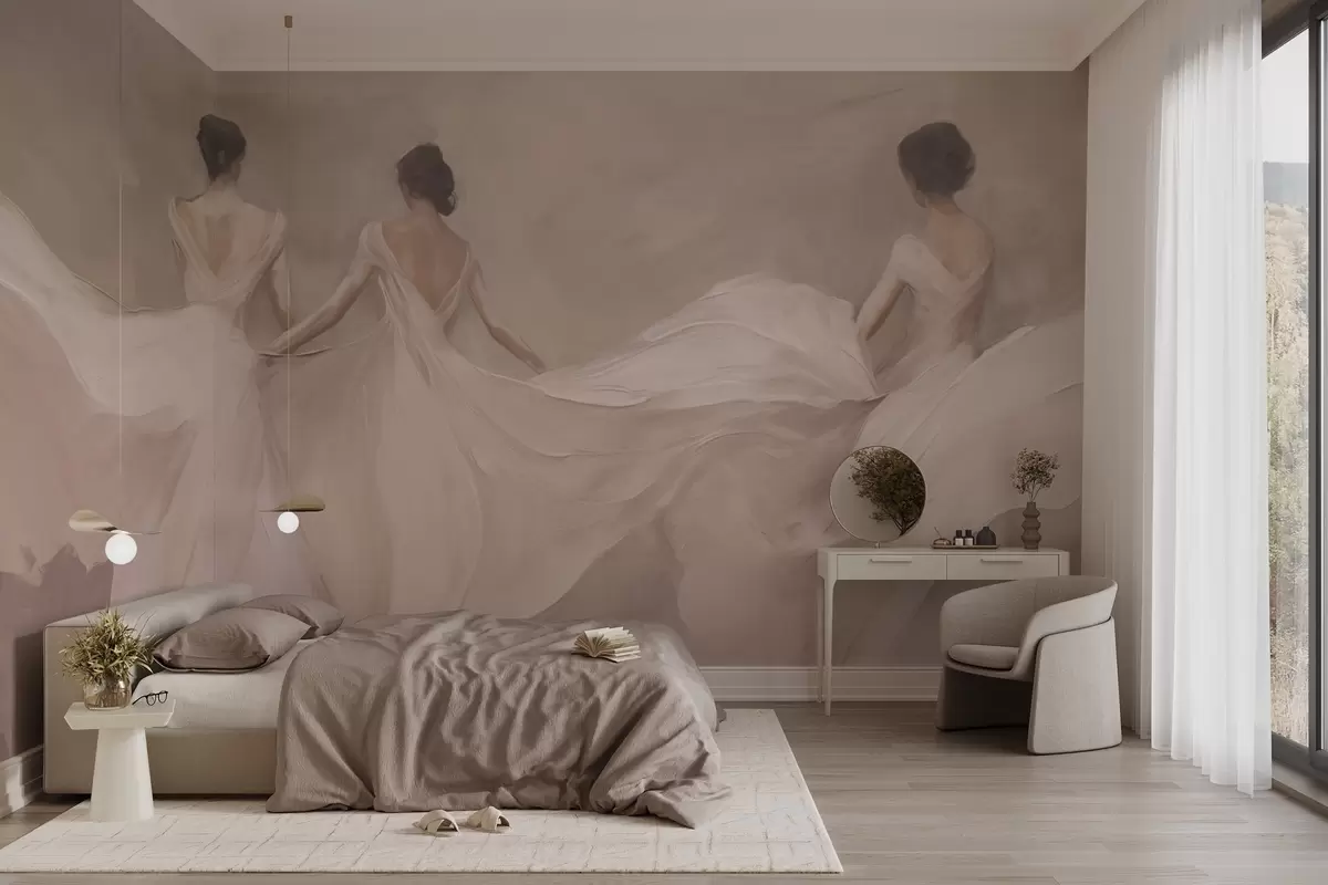 murales de pared Tres mujeres con vestidos rosas, tela fluida, suavidad w04709