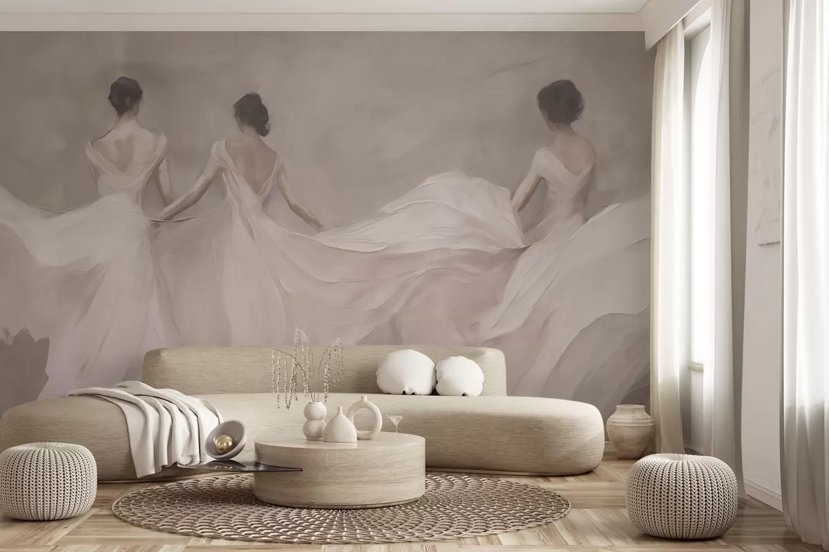 murales de pared Tres mujeres con vestidos rosas, tela fluida, suavidad w04709