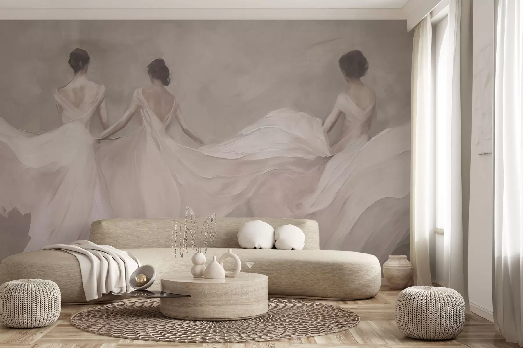 murales de pared Tres mujeres con vestidos rosas, tela fluida, suavidad w04709