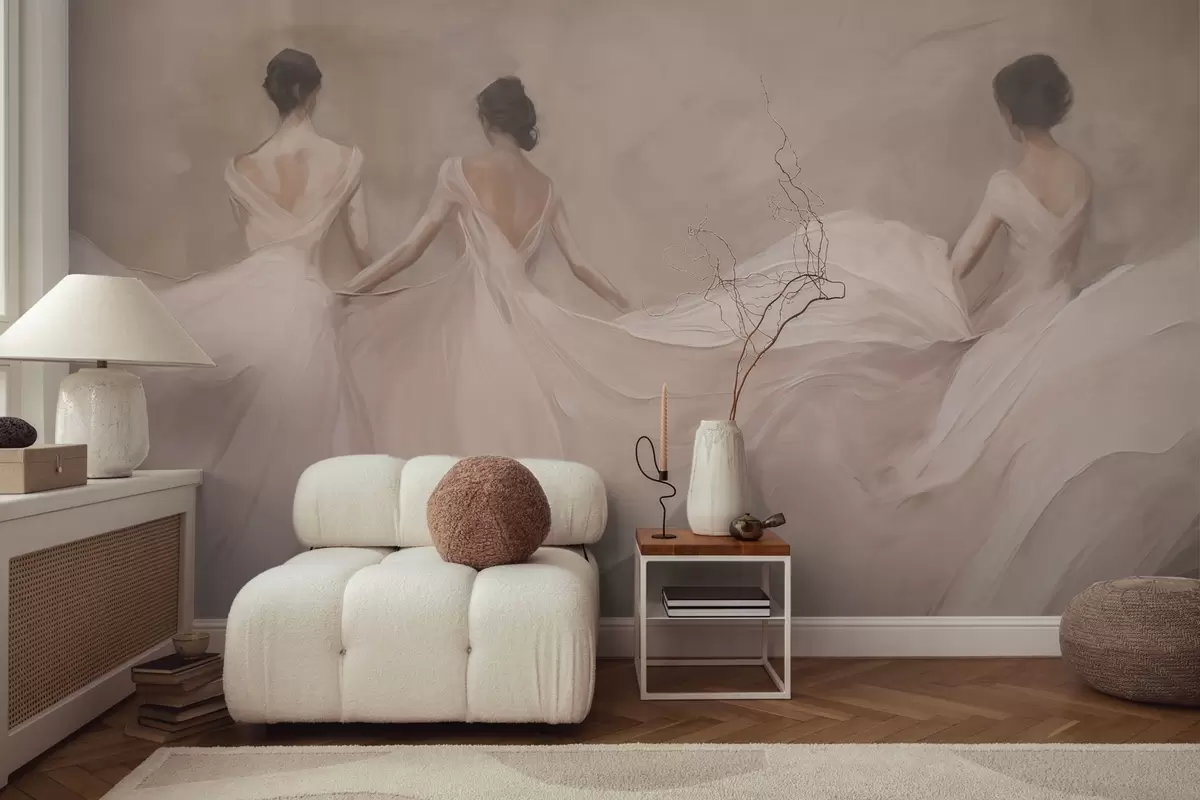 murales de pared Tres mujeres con vestidos rosas, tela fluida, suavidad w04709