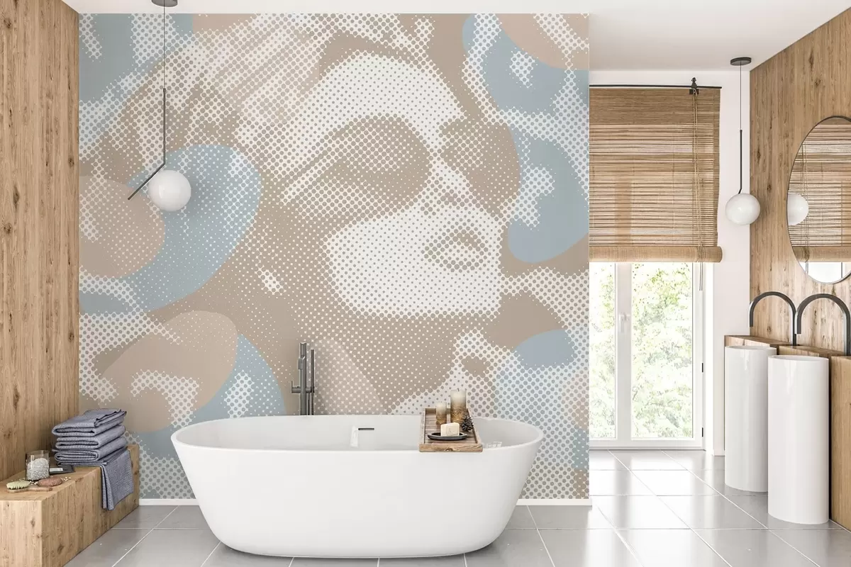 murales de pared retrato de una mujer sobre un fondo de leopardo en estilo punteado en tonos beige y azul w04630
