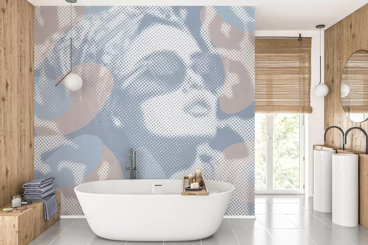 murales de pared retrato de una mujer sobre un fondo de leopardo en estilo punteado en tonos azules w04630v1