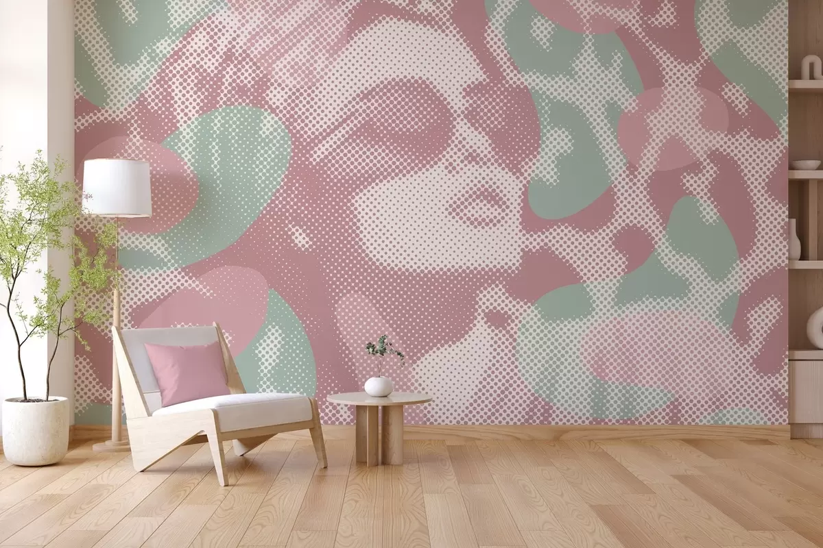 murales de pared retrato de una mujer sobre un fondo de leopardo en estilo punteado en tonos rosas y verdes w04630v2