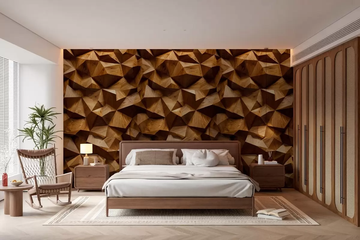 murales de pared imitación de una pared con relieve angular hecha de madera w04632