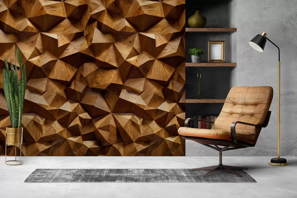 murales de pared imitación de una pared con relieve angular hecha de madera w04632