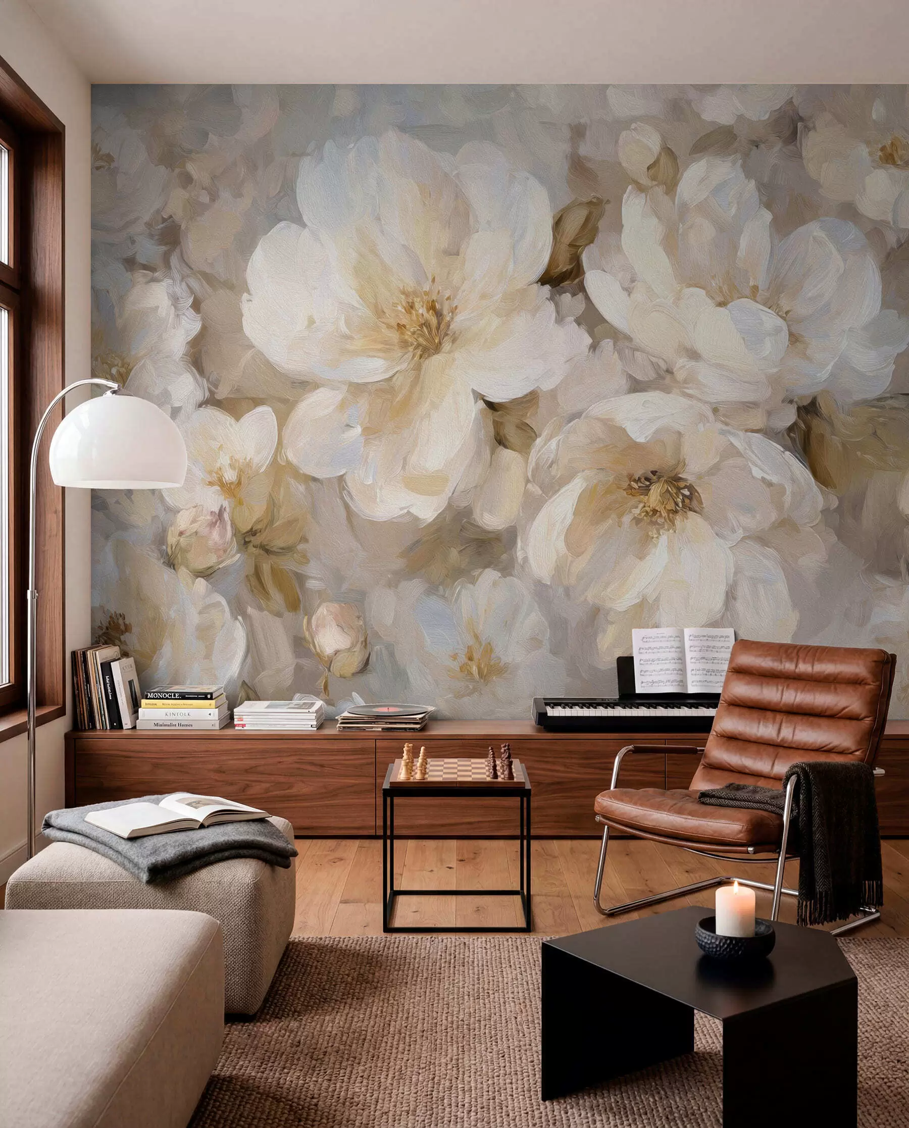murales de pared flores grandes en tonos blancos y beige al estilo de la pintura al óleo w04633