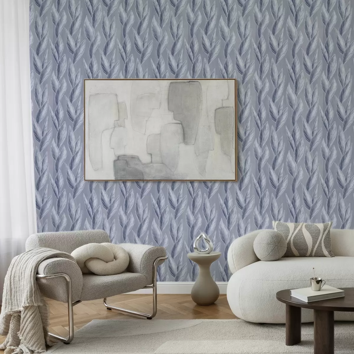 Papel pintado Hojas azul plateadas sobre fondo gris azulado, patrón gráfico a00627