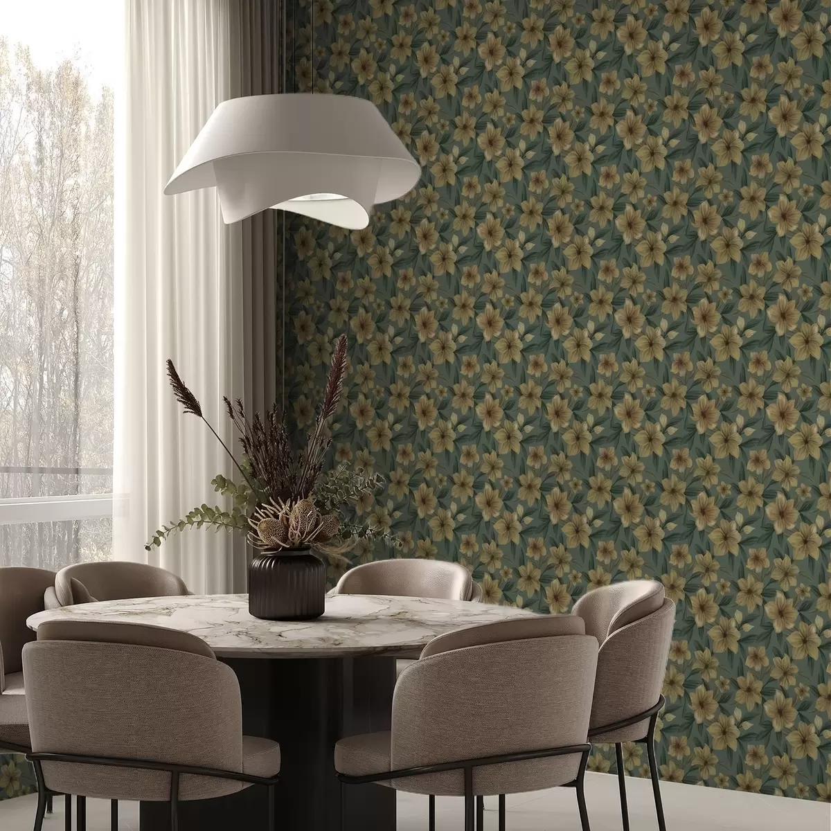 Papel pintado Flores ocres sobre fondo verde intenso, patrón denso a00628