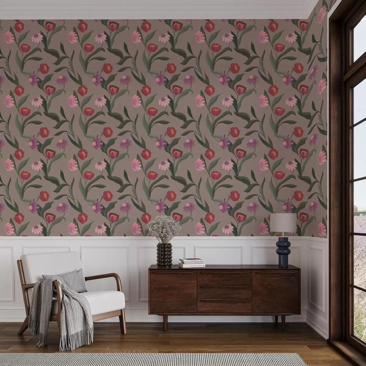 Papel pintado Flores de color rosa rojizo sobre fondo gris pardo, tallos largos a00631v2
