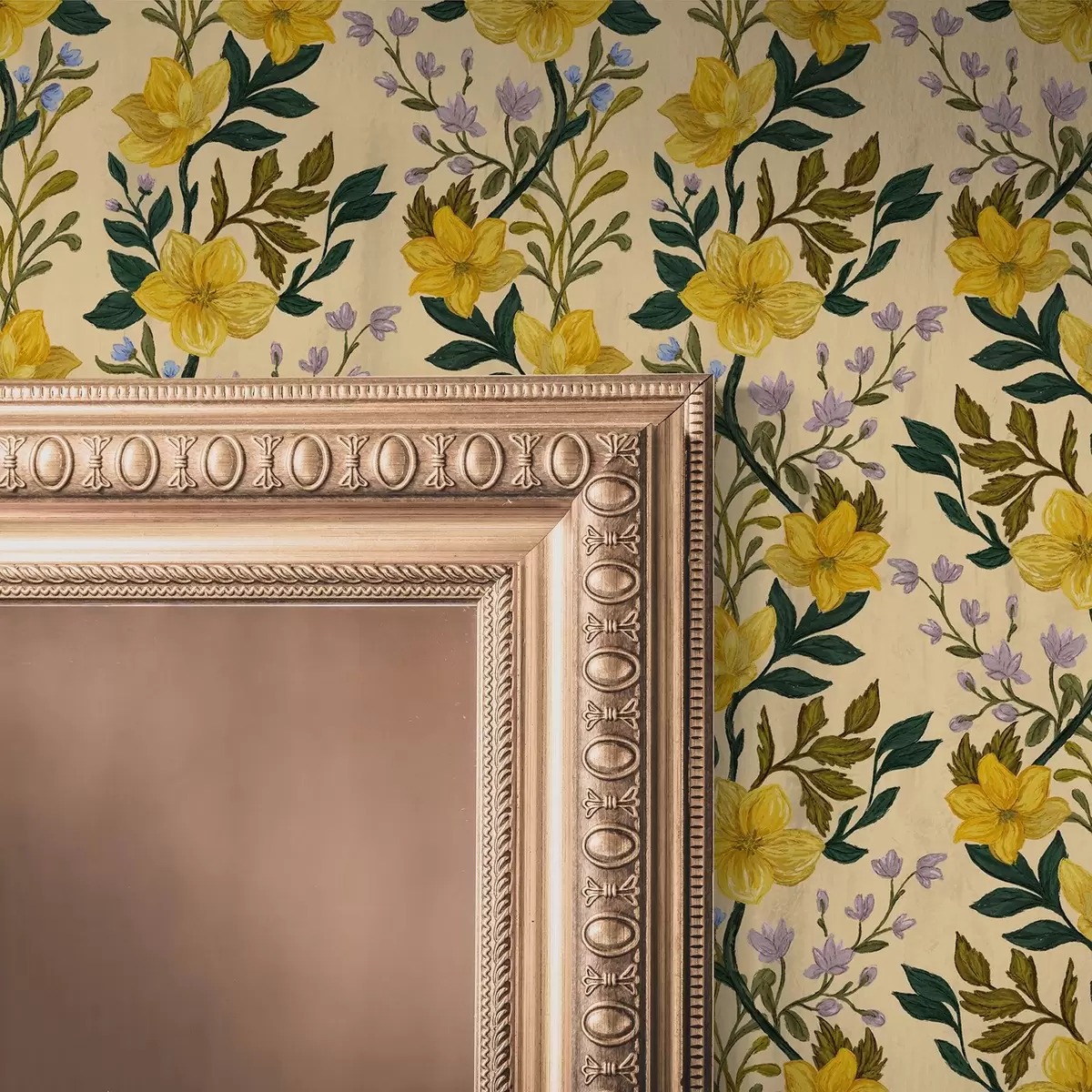 Papel pintado Flores amarillas en guirnaldas verticales sobre fondo crema a00632