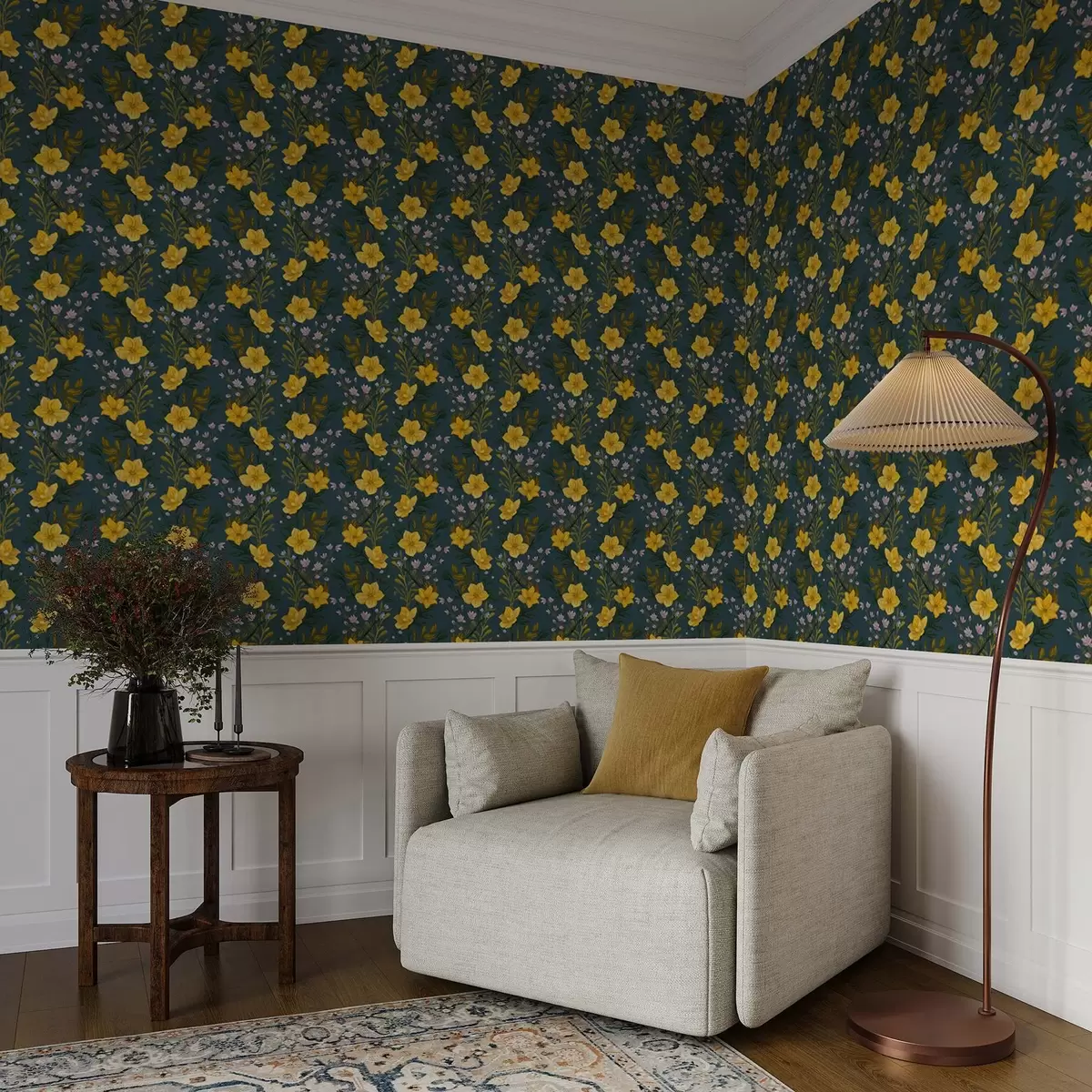 Papel pintado Flores amarillas en guirnaldas verticales sobre fondo azul oscuro a00632v2