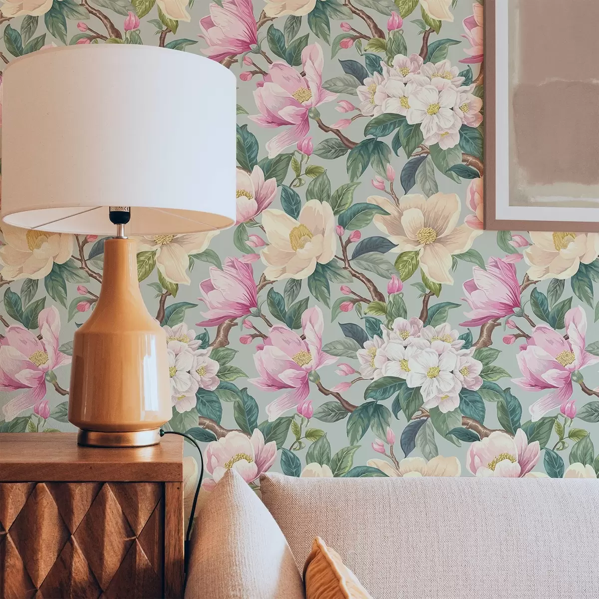 Papel pintado Magnolias y flores blancas sobre fondo gris menta a00644
