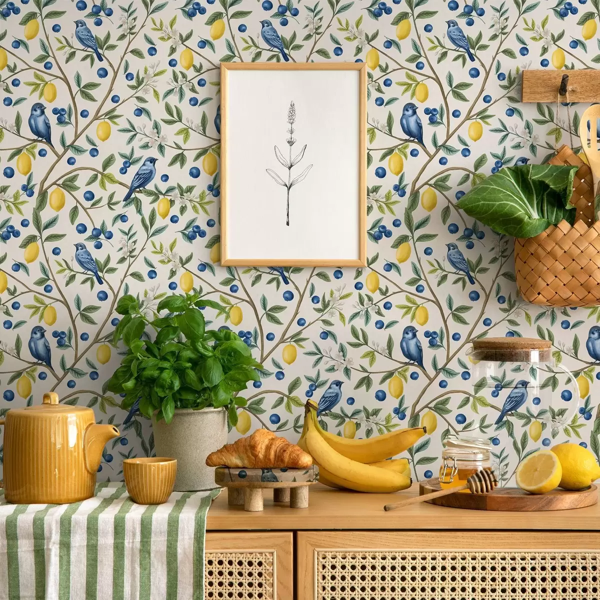 Papel pintado Pájaros azules, limones y bayas sobre fondo blanco a00668