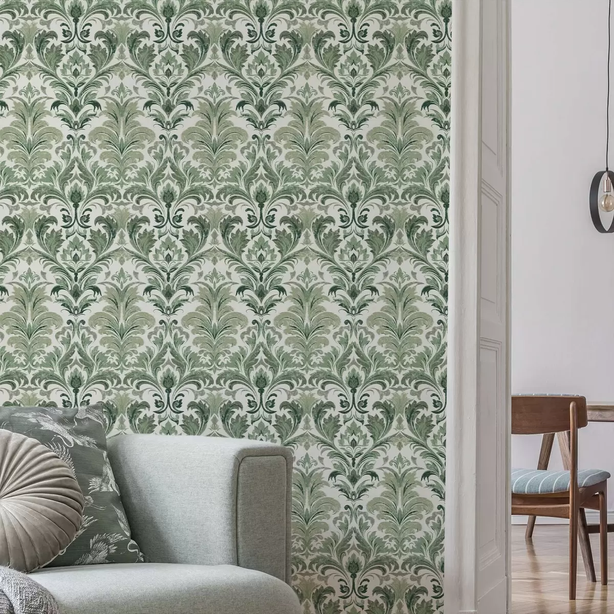 Papel pintado Damasco verde con textura en relieve sobre fondo claro a00692
