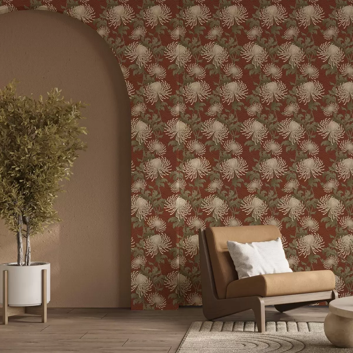 Papel pintado Crisantemos color crema sobre fondo terracota, estilo asiático a00693