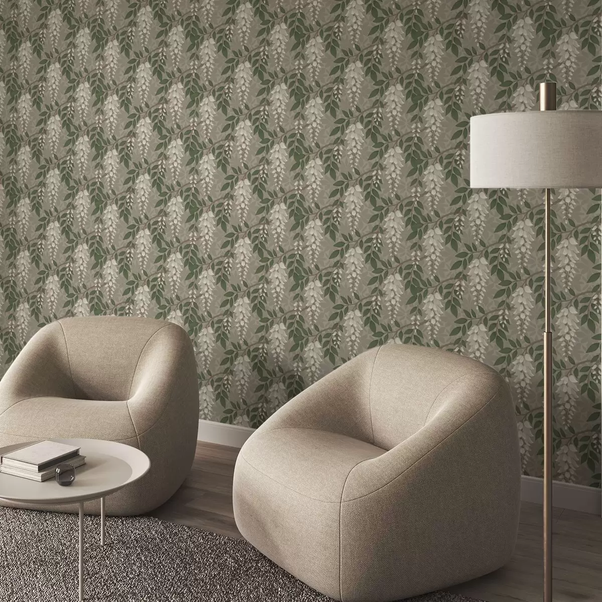 Papel pintado Glicinia clara sobre fondo gris oliva, racimos en cascada a00694