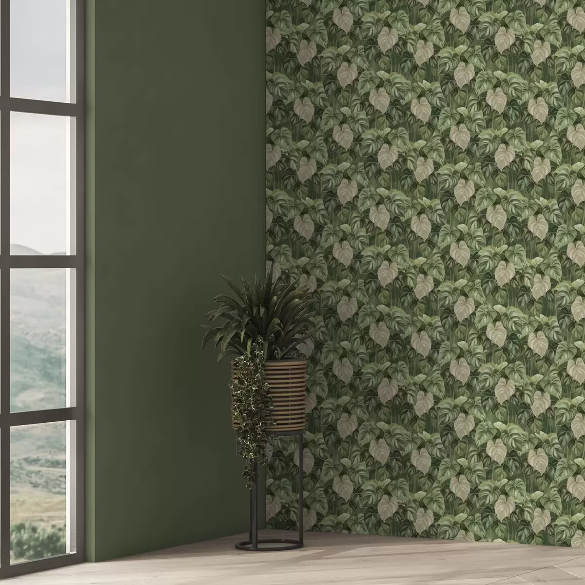 Papel pintado Exuberantes hojas de filodendro en tonos verdes y marfil a00695