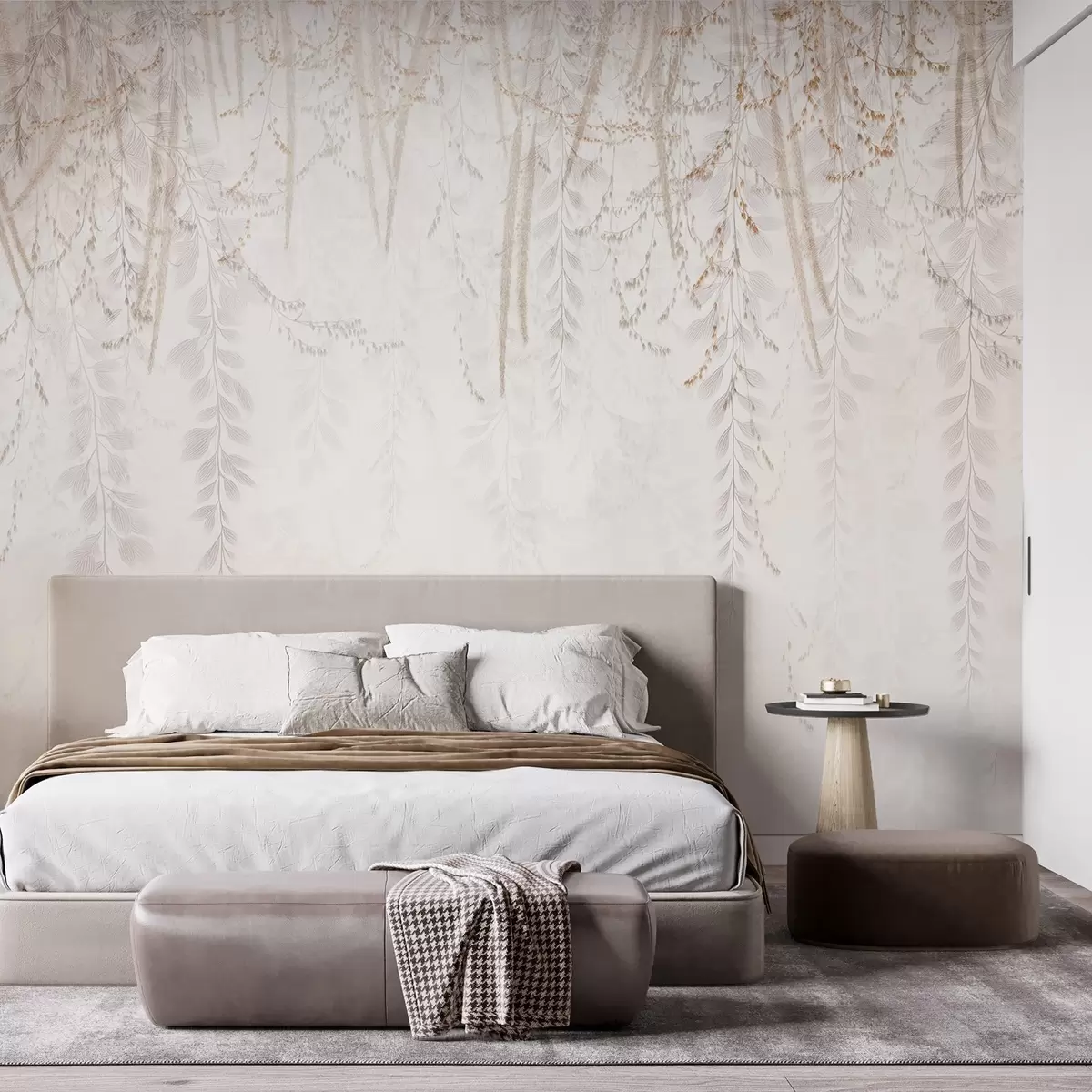 murales de pared Hojas y ramas ligeras colgantes en tonos beige w09433