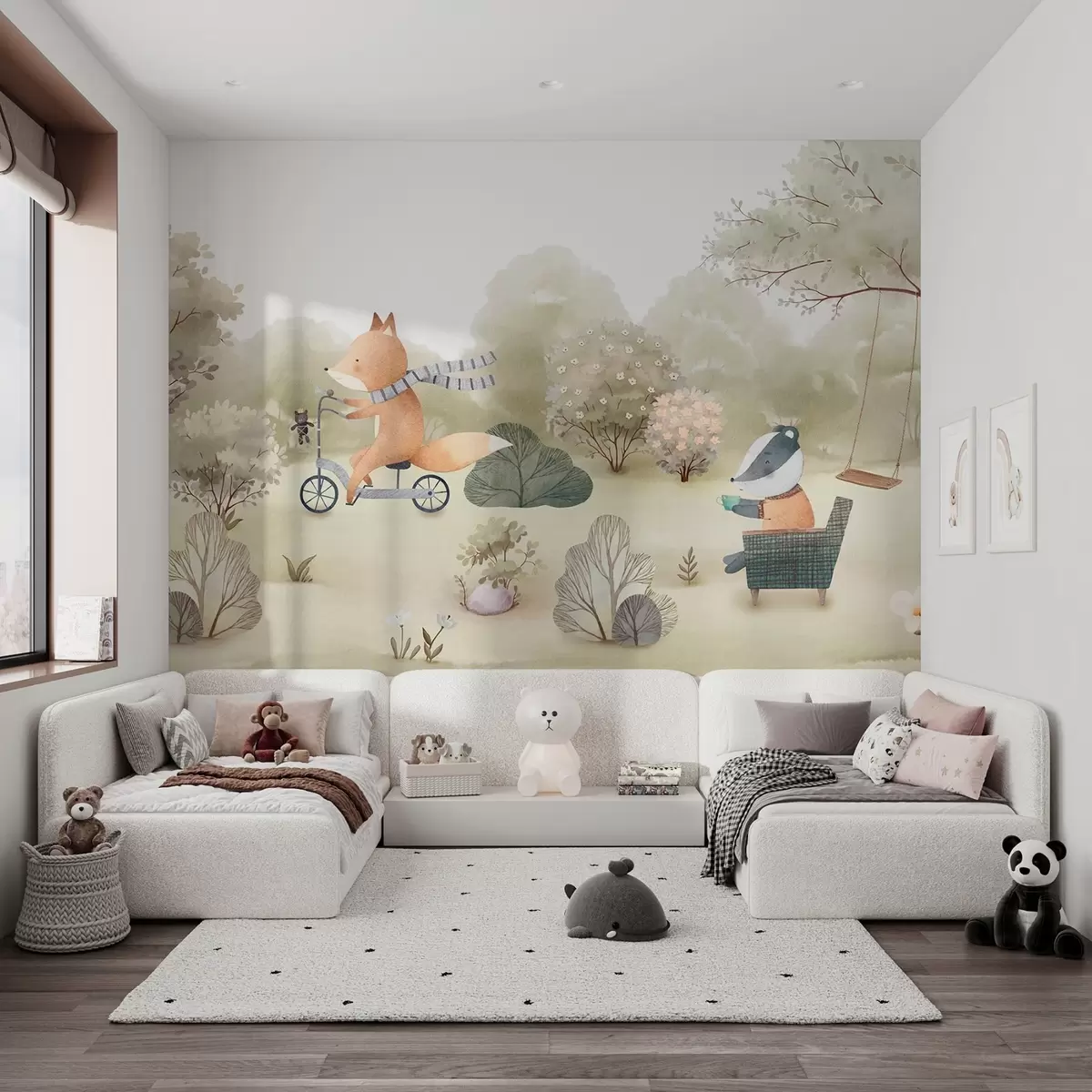 murales de pared Zorro en bicicleta y tejón con té, animales del bosque en estilo acuarela w09439
