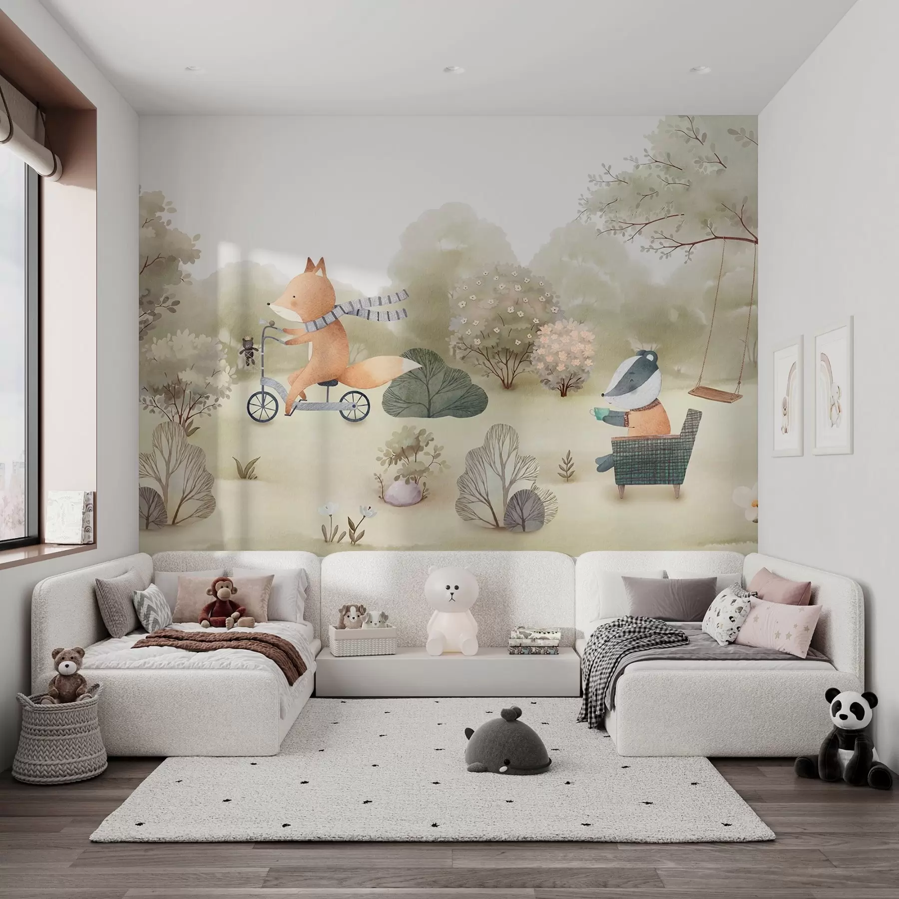 murales de pared Zorro en bicicleta y tejón con té, animales del bosque en estilo acuarela w09439