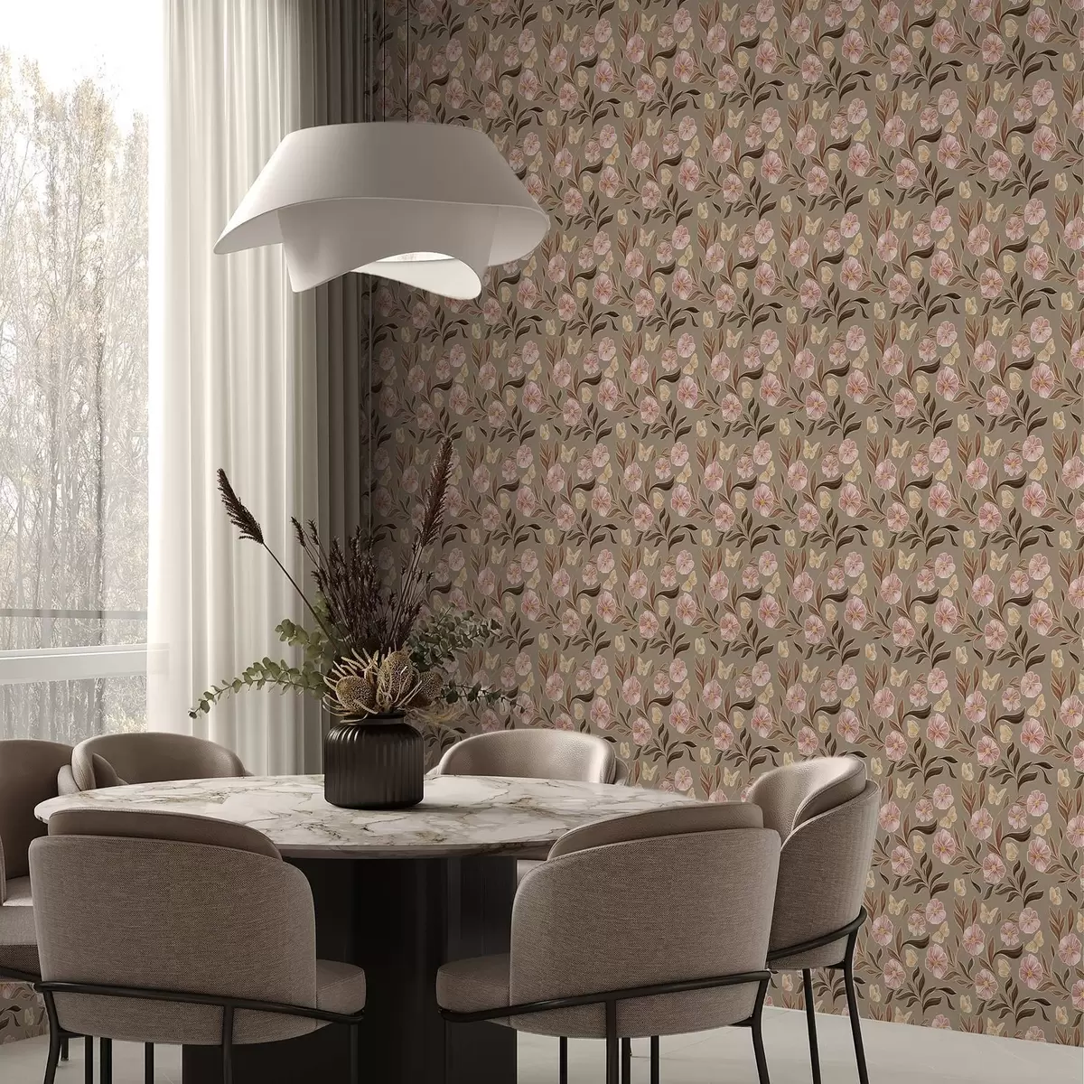 Papel pintado Flores rosas y mariposas sobre fondo beige oliva a00633v2