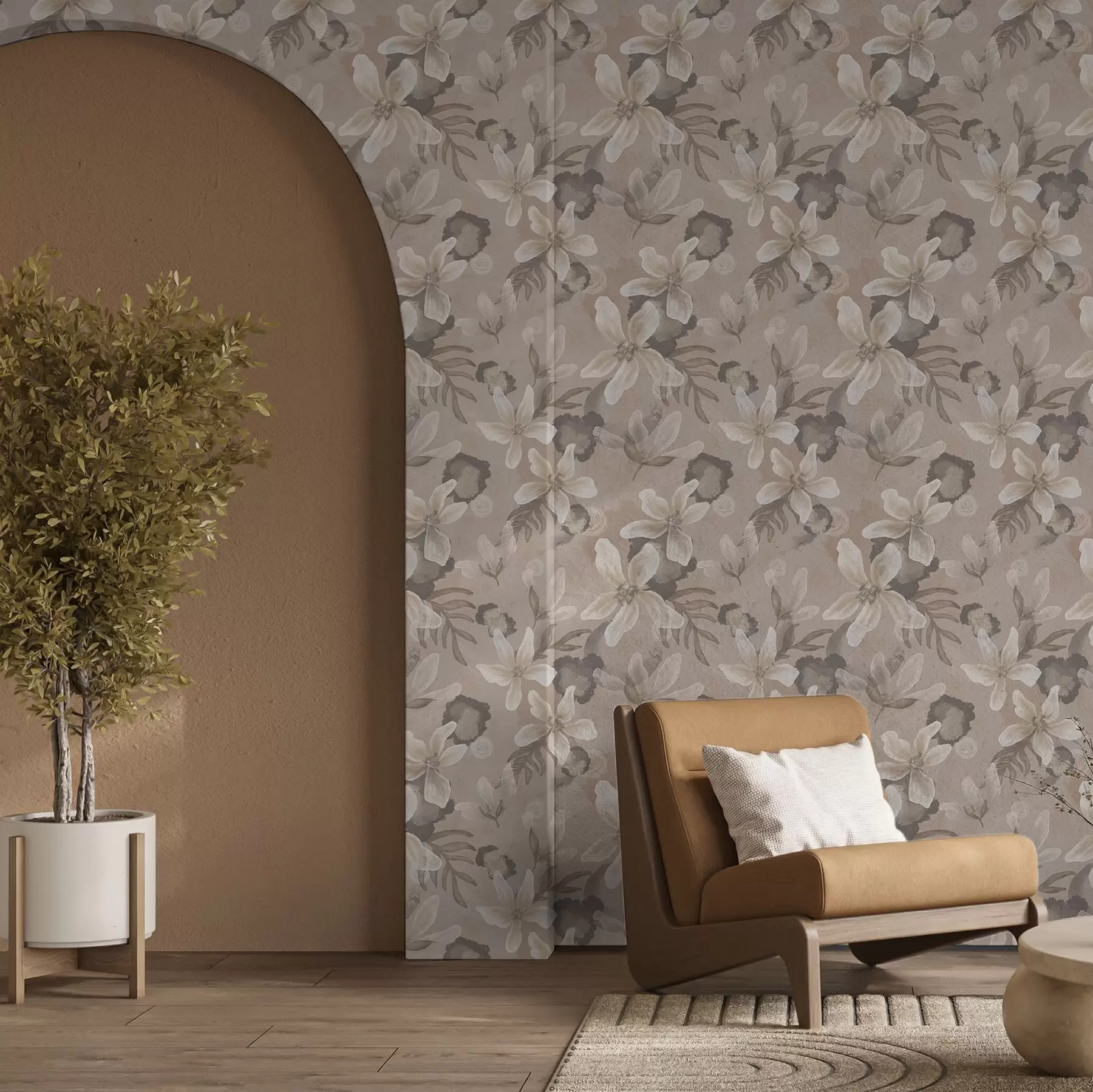murales de pared Grandes flores beige con manchas abstractas de acuarela a00635