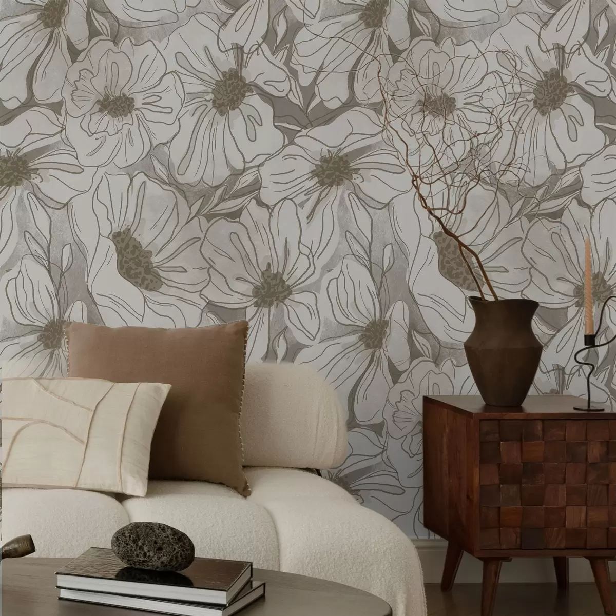Papel pintado Flores lineales en una paleta monocromática de tonos beige y gris a00636