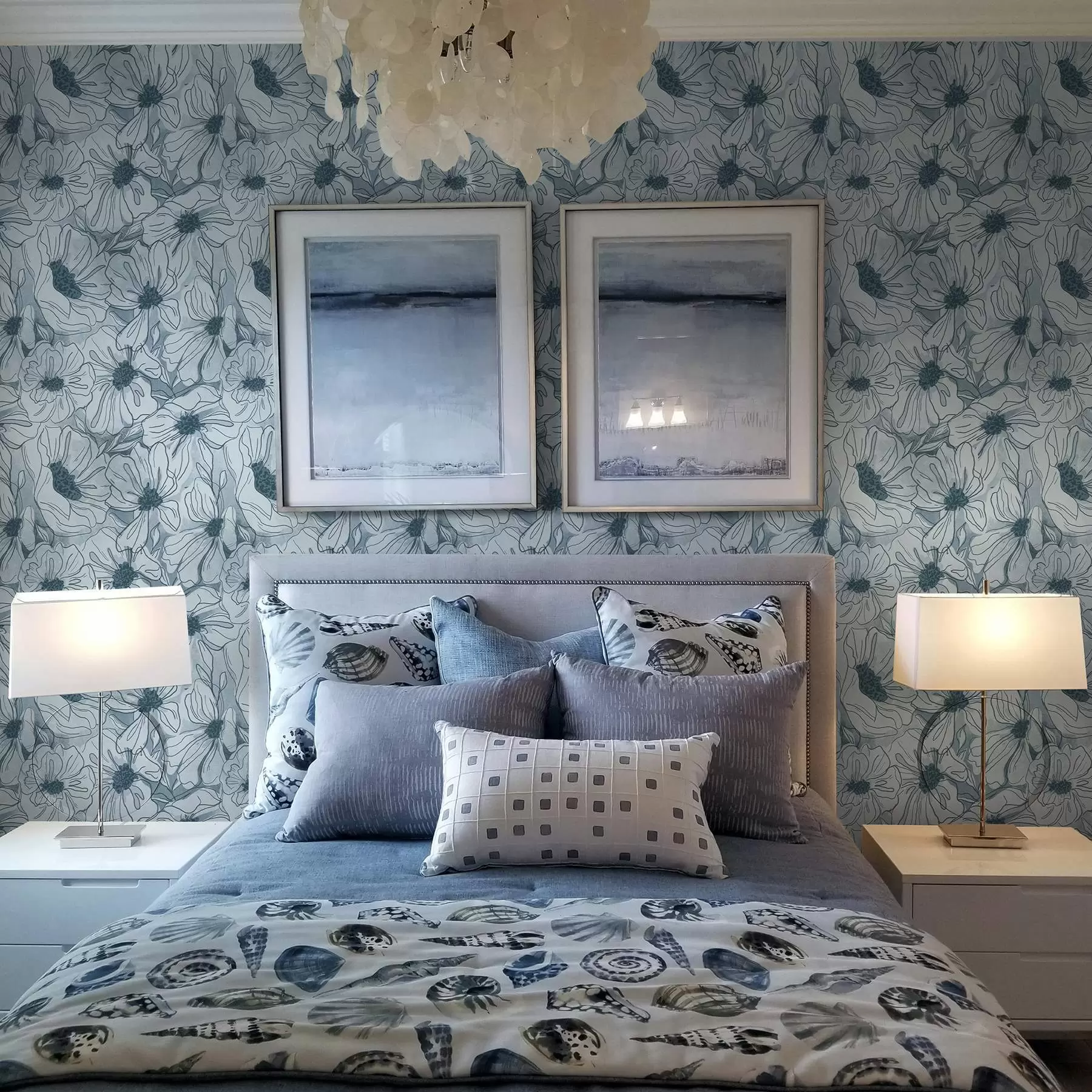 murales de pared Flores lineales en una fresca paleta de colores gris azulados a00636v2