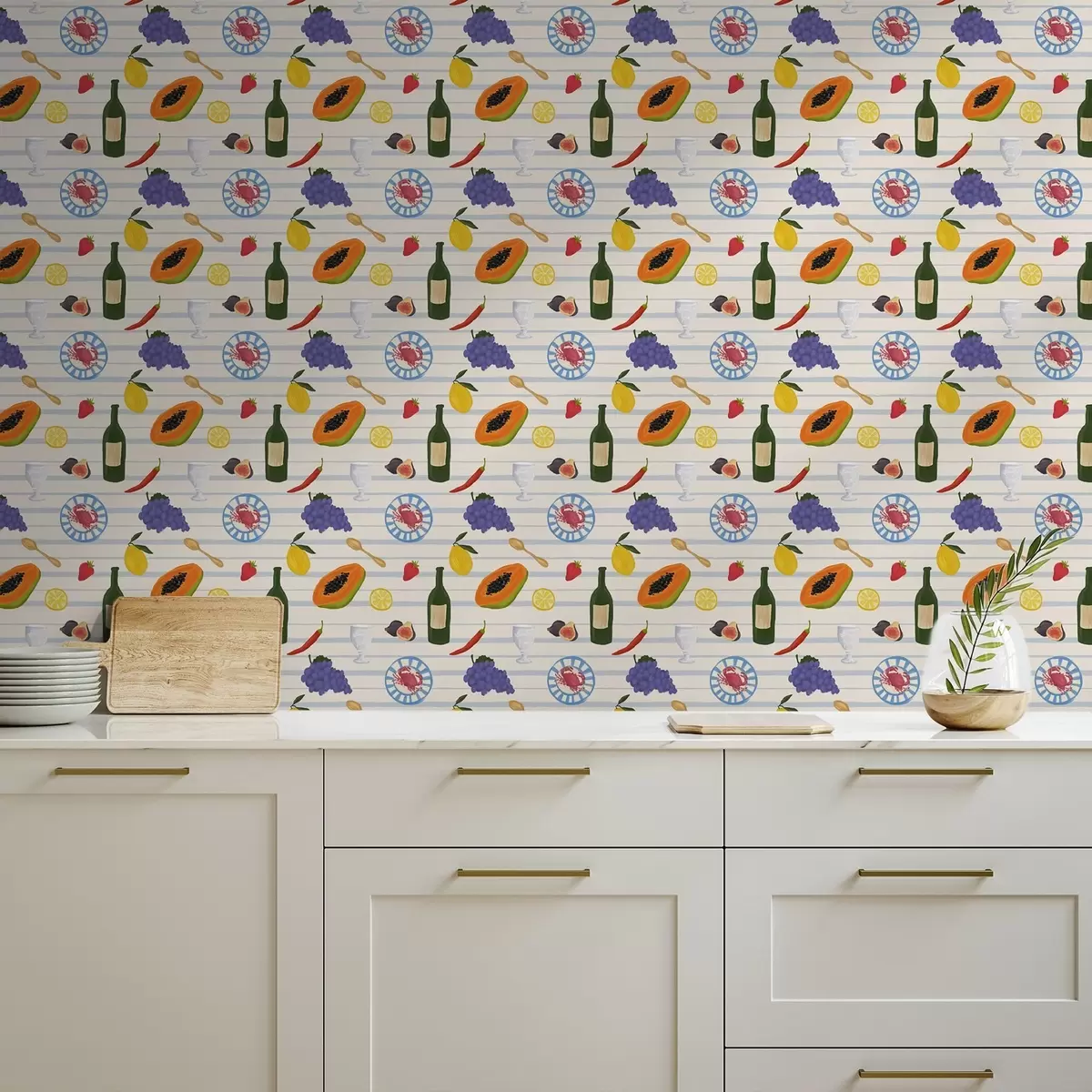 Papel pintado Lámina de cocina con frutas, vasos y platos a00638