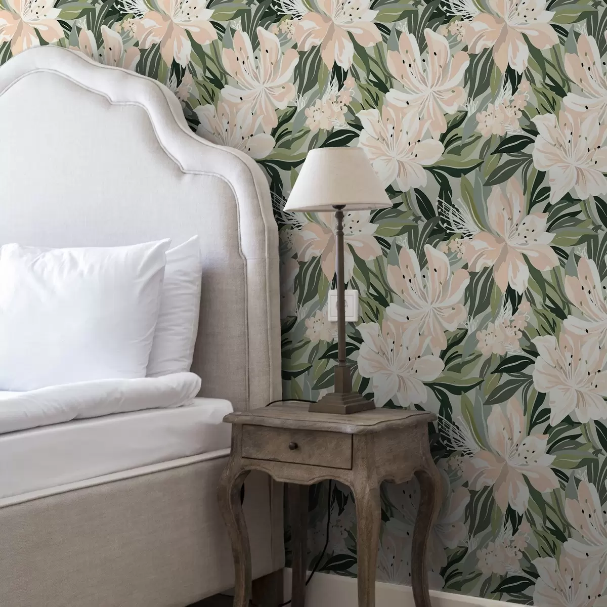 Papel pintado Grandes flores color crema sobre fondo verde claro a00646