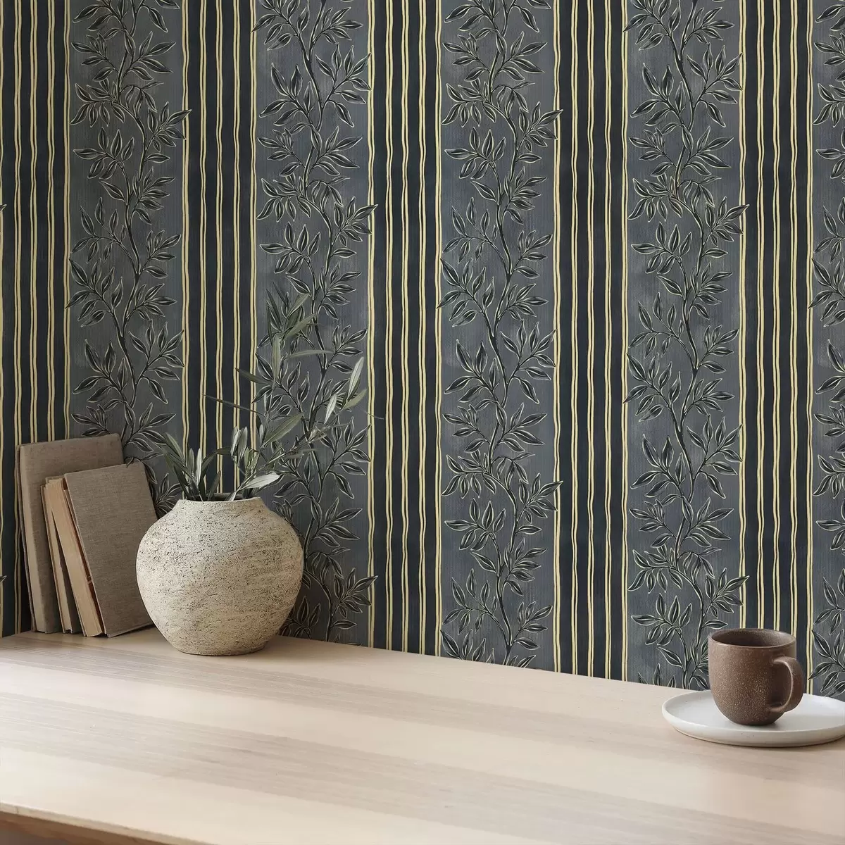 Papel pintado Rayas verticales con motivos botánicos en tonos oscuros a00648