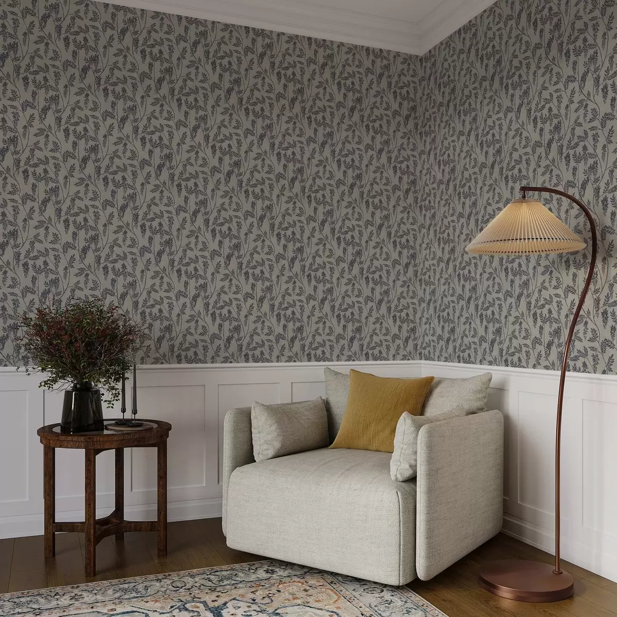 Papel pintado Ramas con flores oscuras sobre un fondo gris-beige a00672