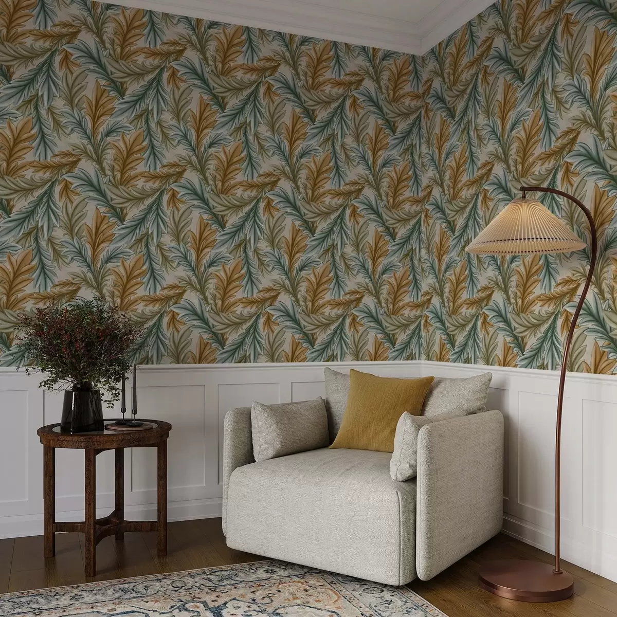 Papel pintado Follaje decorativo en una cálida paleta de colores ocres y verdes a00673