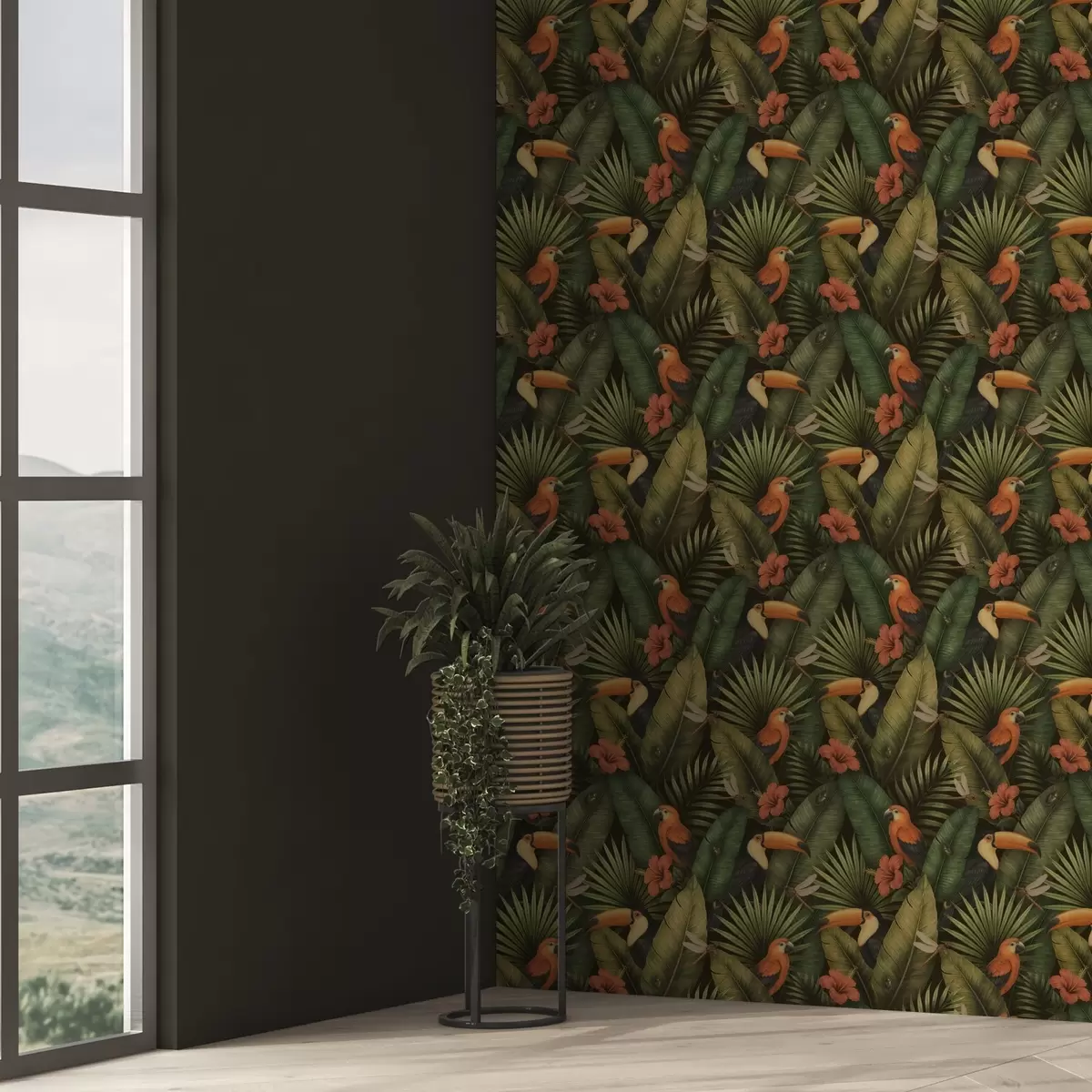 Papel pintado Tucanes y loros entre el follaje y las flores tropicales a00702