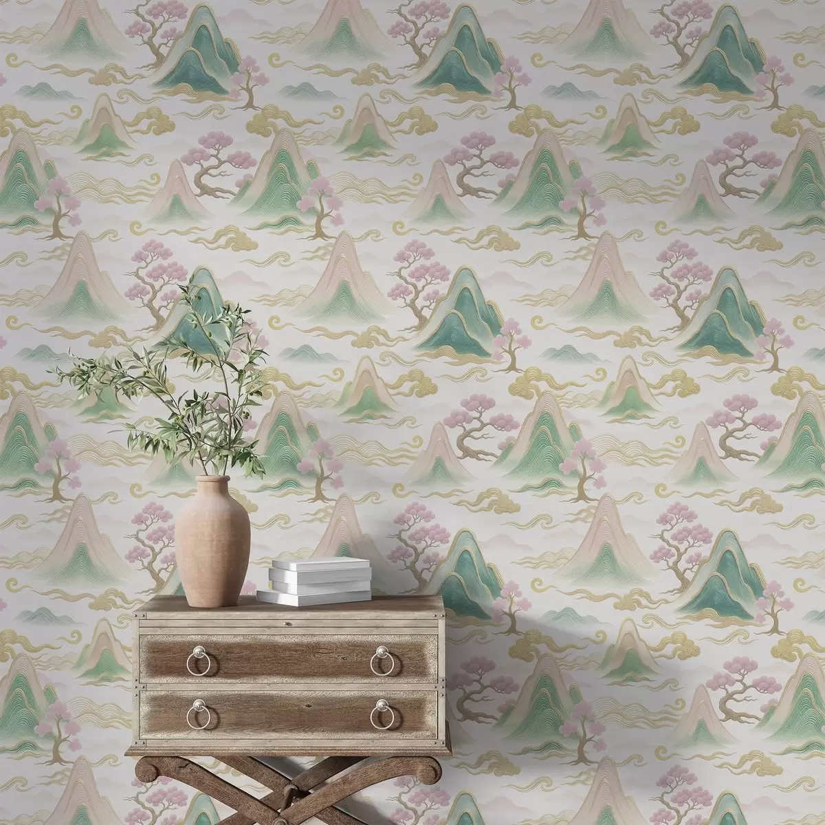 Papel pintado Montañas, nubes y pinos en un estilo decorativo oriental a00703