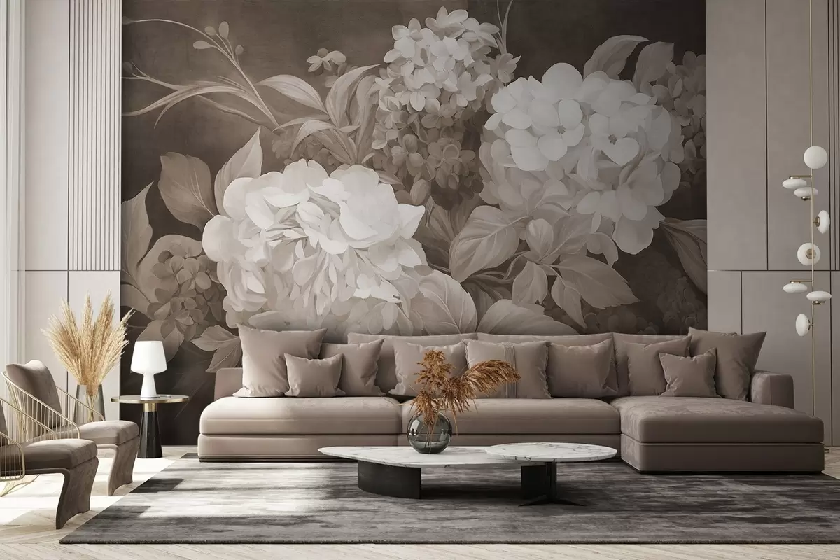murales de pared Pintura texturizada en sepia imitando flores de hortensias con hojas grandes, fondo abstracto y oscuro w09465