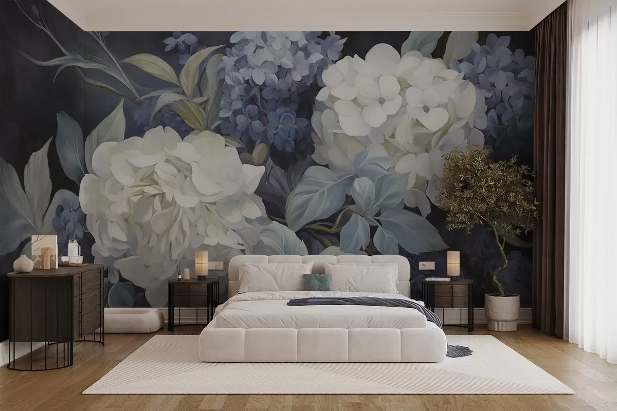 murales de pared Pintura texturizada en azul oscuro imitando flores de hortensias con hojas grandes, fondo abstracto y oscuro w09465v1