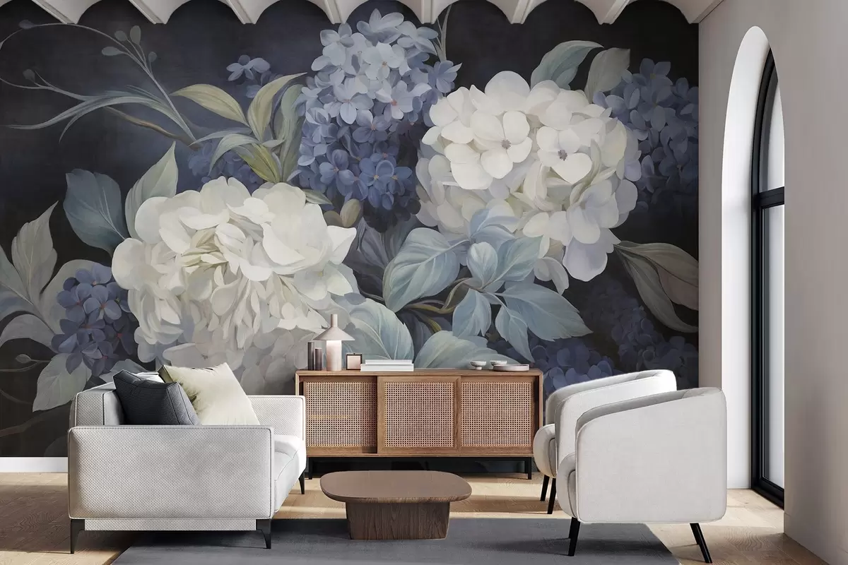 murales de pared Pintura texturizada en azul oscuro imitando flores de hortensias con hojas grandes, fondo abstracto y oscuro w09465v1