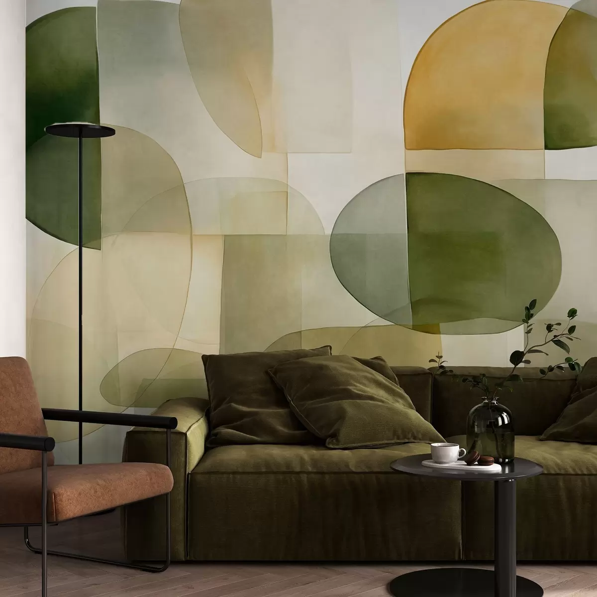 murales de pared Formas abstractas con textura en tonos verdes y amarillos, colores apagados, composición minimalista, fondo neutro w09467