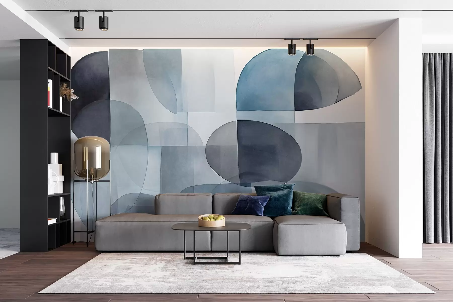 murales de pared Formas abstractas con textura en tonos grises y azules, tonos apagados, composición minimalista, fondo neutro w09467v1