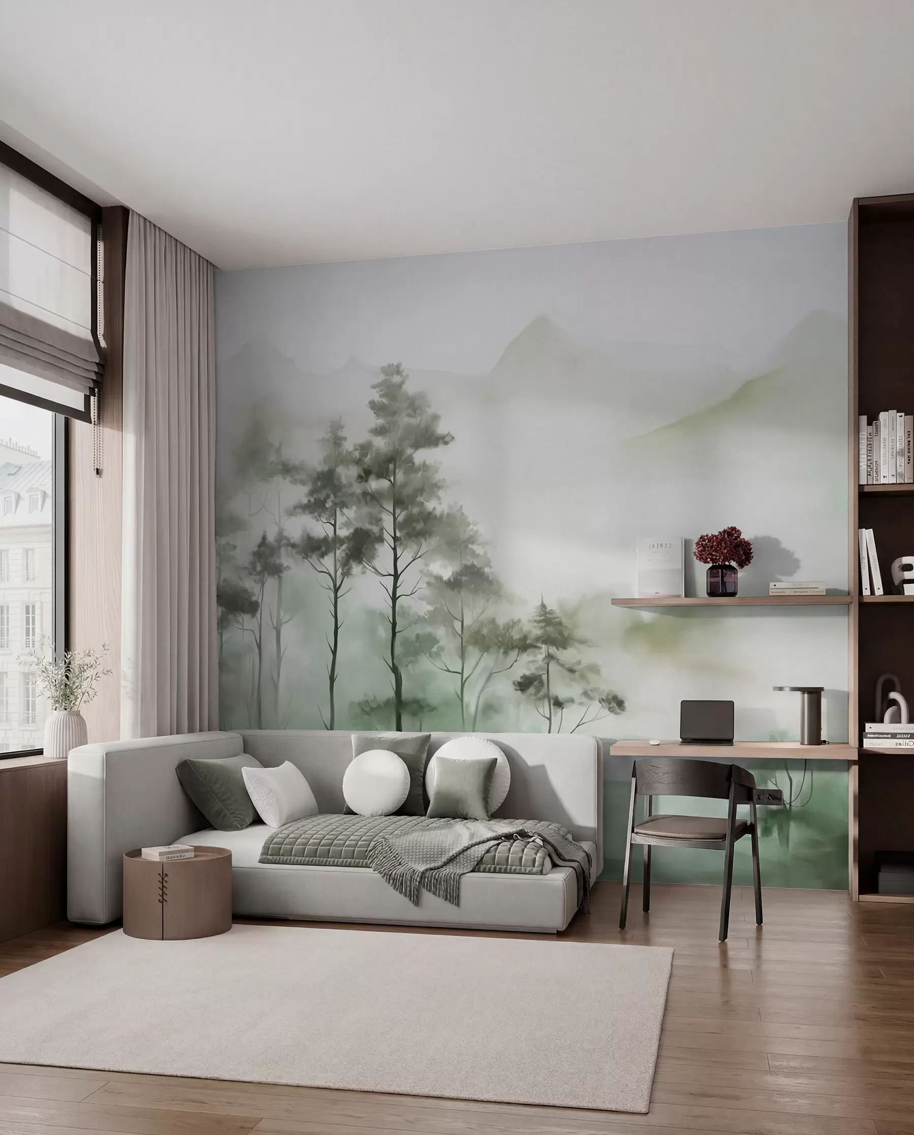 murales de pared Paisaje brumoso con árboles altos y montañas en tonos verdes y grises apagados, estilo minimalista, texturizado w09469