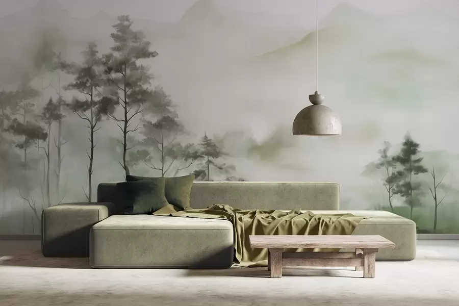 murales de pared Paisaje brumoso con árboles altos y montañas en tonos verdes y grises apagados, estilo minimalista, texturizado w09469