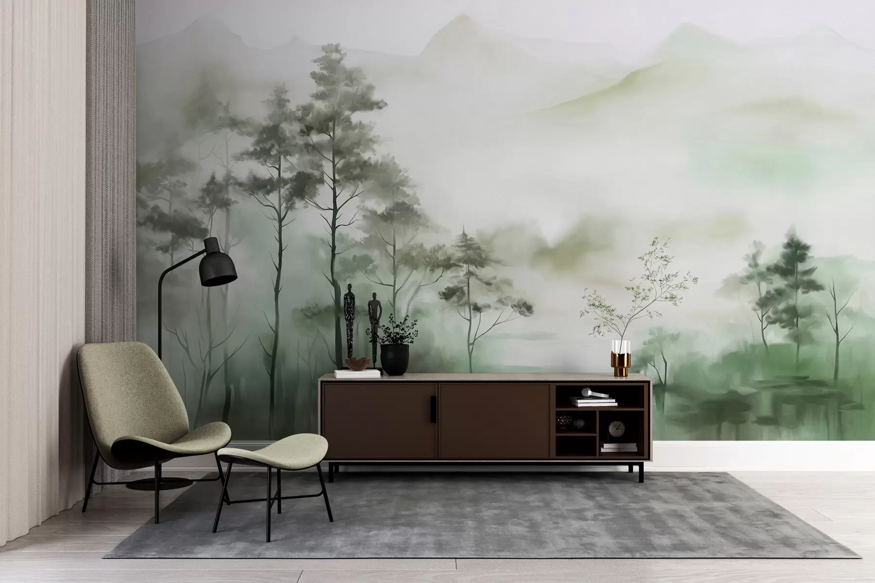 murales de pared Paisaje brumoso con árboles altos y montañas en tonos verdes y grises apagados, estilo minimalista, texturizado w09469