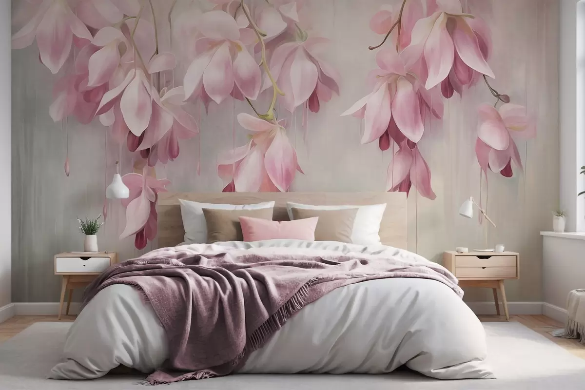 murales de pared Flores rosas colgantes, fondo gris claro, arreglo floral con textura, arte botánico, colores pastel w09471