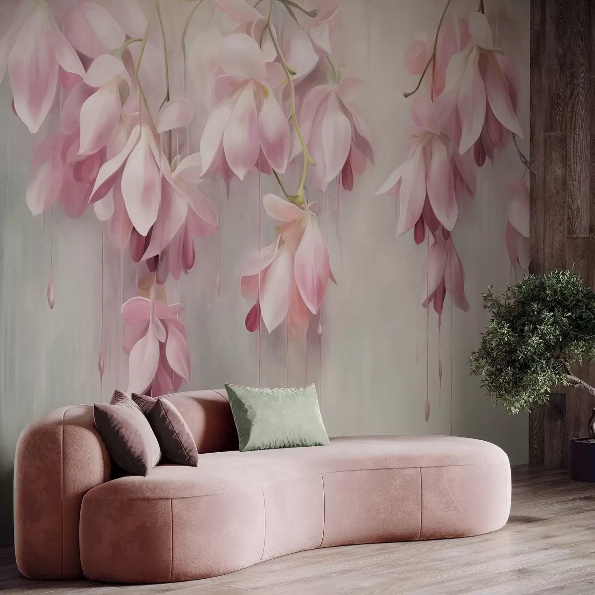 murales de pared Flores rosas colgantes, fondo gris claro, arreglo floral con textura, arte botánico, colores pastel w09471