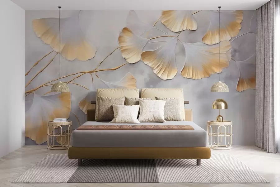 murales de pared Hojas de ginkgo biloba con bordes amarillos en una rama, fondo gris texturizado, diseño elegante y minimalista w09472