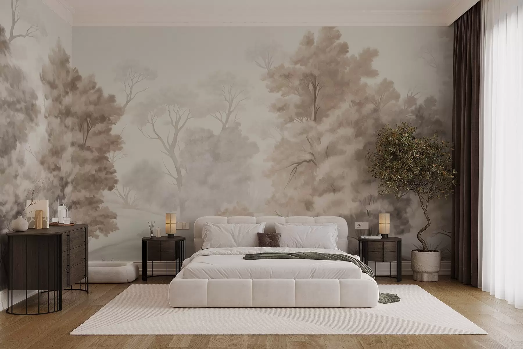 murales de pared Pintura paisajística texturizada que imita un bosque con árboles altos y hierba, colores apagados y suaves, escena relajante w09474