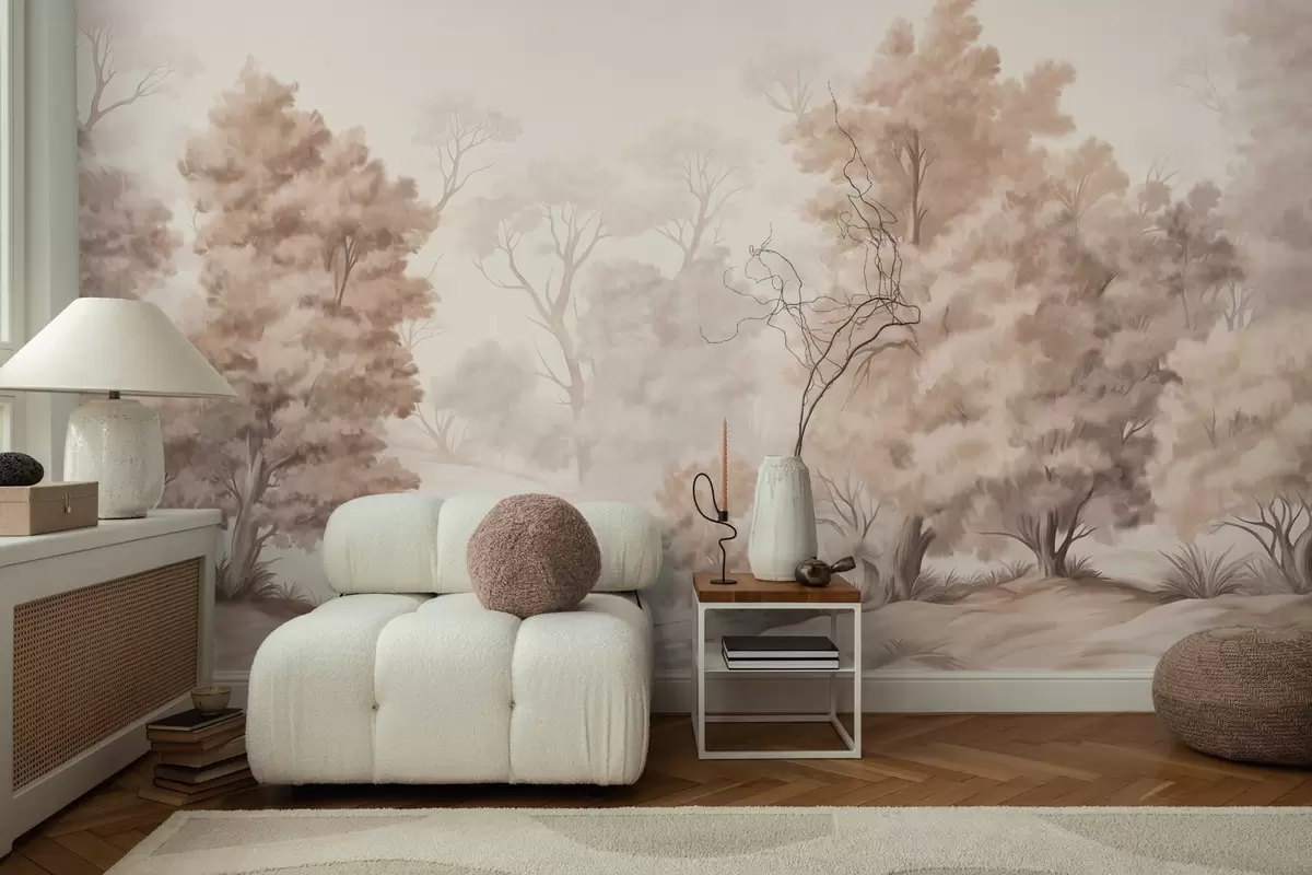 murales de pared Pintura paisajística texturizada que imita un bosque con árboles altos y hierba, colores apagados y suaves, escena relajante w09474