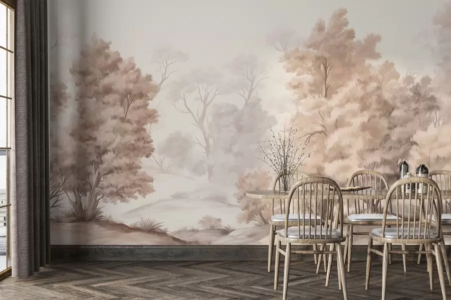 murales de pared Pintura paisajística texturizada que imita un bosque con árboles altos y hierba, colores apagados y suaves, escena relajante w09474