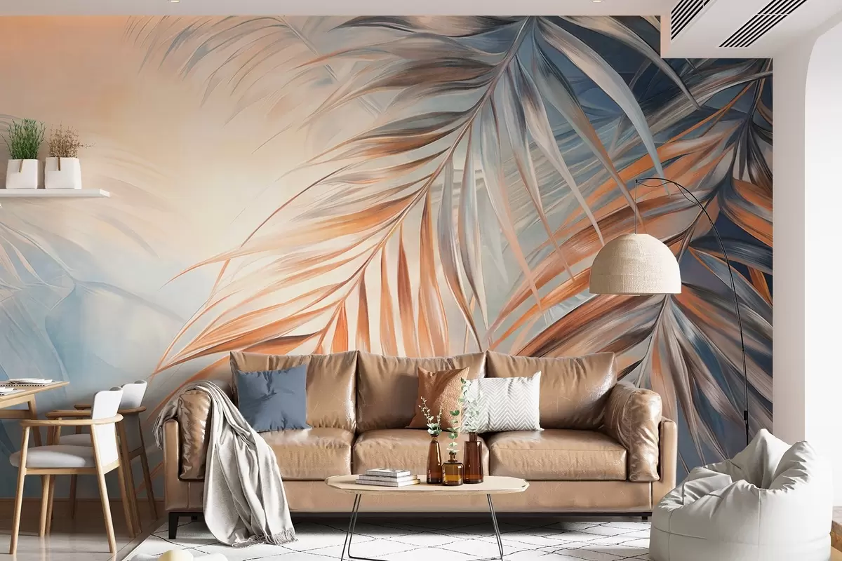 murales de pared Hojas de palmera con tonos naranjas y azules, fondo con textura ligera y colores suaves, elegante estilo tropical w09475